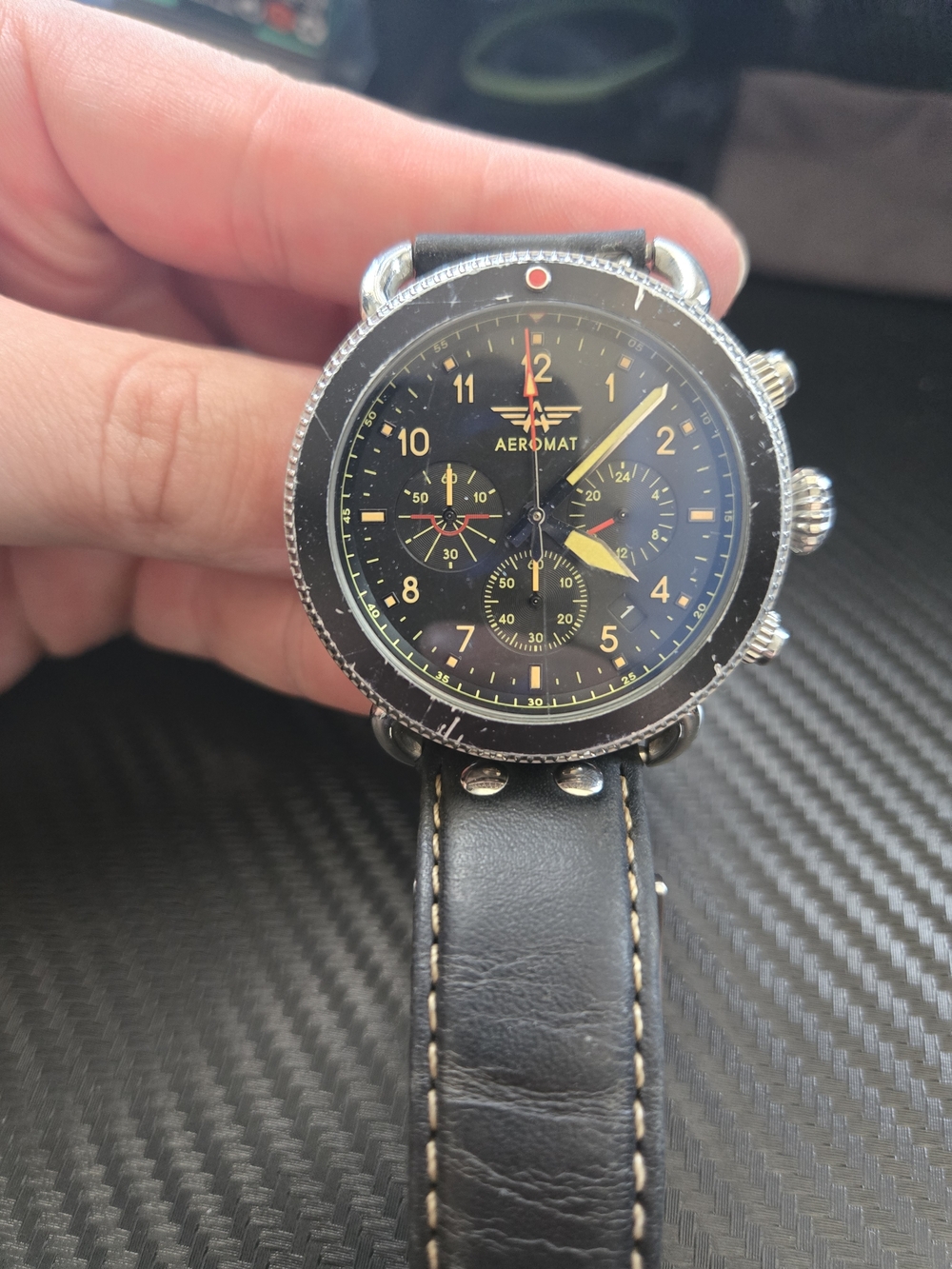 AEROMAT Pilot Mens Watch Vol De Nuit Leather Band VK63 Movement